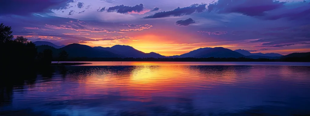 a breathtaking sunset casts vibrant hues across a tranquil lake, reflecting the warm oranges and deep purples of the sky, framed by silhouettes of distant mountains.