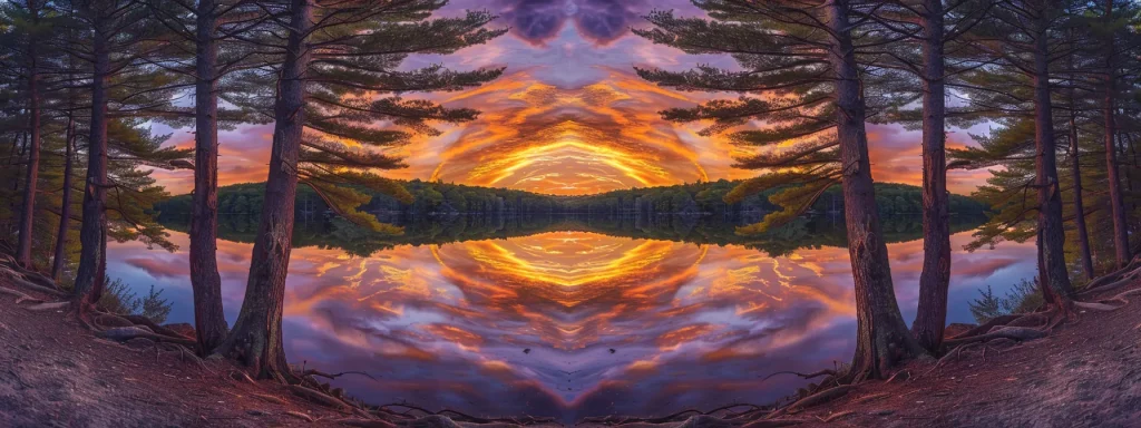 a breathtaking sunset casts vibrant hues of orange and purple across a tranquil lake, with silhouettes of tall pine trees framing the serene landscape.
