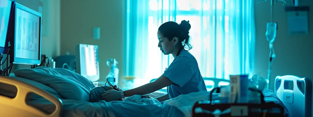 a focused home health aide attentively monitors a patient in a comfortable, softly lit indoor setting, surrounded by medical equipment that illustrates compassionate nursing care and personalized pain management strategies.