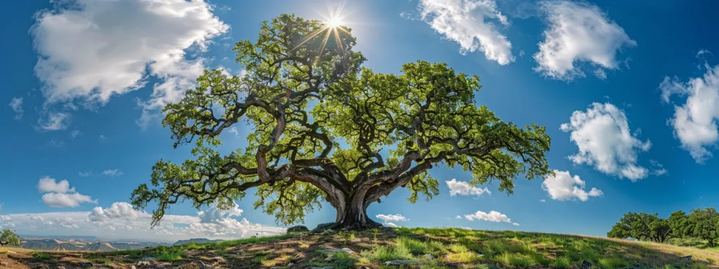 a majestic, ancient oak tree stands proudly on a sun-drenched hilltop, with its vibrant green leaves shimmering against a backdrop of a brilliant blue sky dotted with fluffy white clouds.