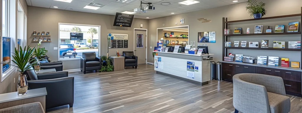 a neatly organized home health care office in port saint lucie, florida, features a welcoming reception area with modern furnishings, medical supplies artfully arranged, and informative brochures prominently displayed, reflecting a professional yet inviting atmosphere.