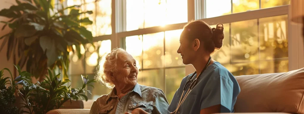 a serene and modern home health care setting features a compassionate caregiver attentively interacting with an elderly patient, bathed in warm, inviting light that highlights the professionalism and personalized approach of their care services.