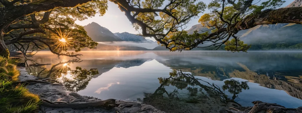 a serene, mist-covered lake reflects the warm hues of a breathtaking sunrise, surrounded by lush, towering trees that frame the tranquil waters.