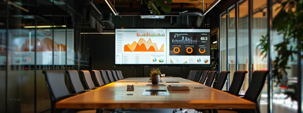 a sleek, modern office conference room features a polished wooden table surrounded by high-backed chairs, with a large screen displaying vibrant graphs and data, illuminated by warm overhead lighting.