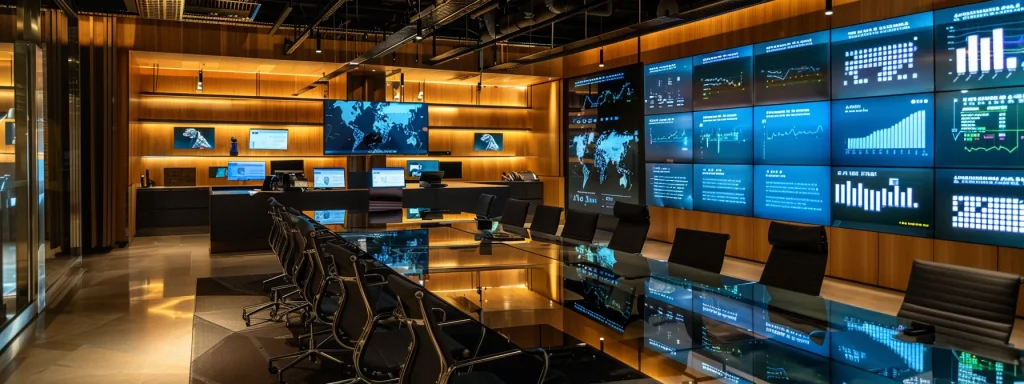 a sleek, modern office space features a large glass conference table surrounded by high-backed chairs, illuminated by soft, ambient lighting that casts a warm glow over an array of digital devices and an open laptop displaying vibrant graphs.