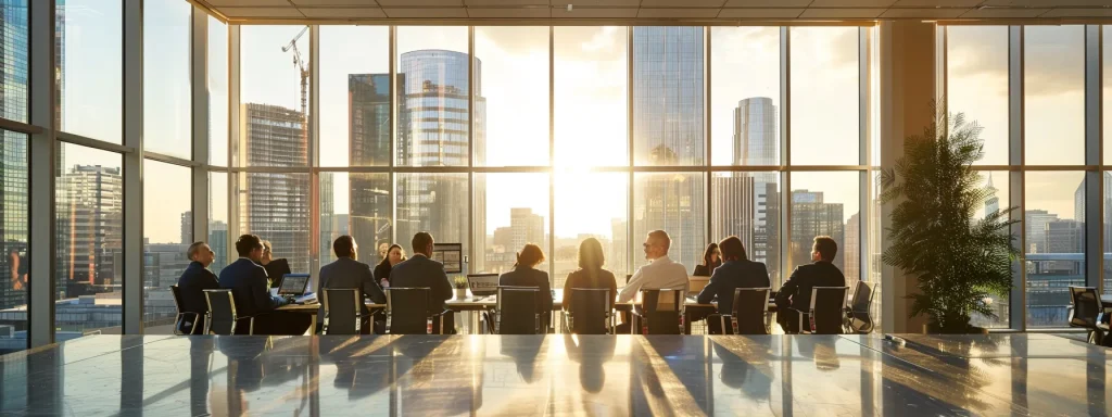 a sleek, modern office space with large glass windows reflecting the dynamic skyline, filled with professionals engaged in animated discussions around a high-tech conference table.