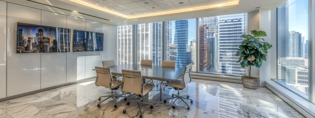 a sleek, modern office space with polished marble floors, large glass windows displaying a vibrant city skyline, and a centerpiece of a minimalist conference table, embodying sophistication and professional ambition.