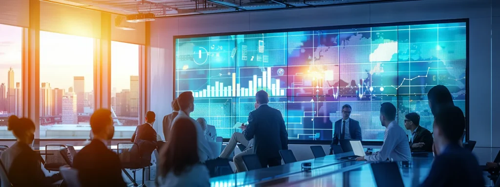 a sleek, modern office space is filled with professionals engaged in a dynamic brainstorming session, surrounded by vibrant digital screens displaying innovative ideas and data analytics in an atmosphere of collaboration and creativity.