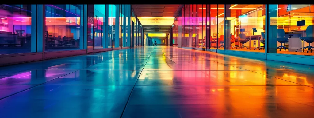a sleek, modern office workspace is illuminated by vibrant, colorful lights reflecting off glass surfaces, showcasing cutting-edge technology and an atmosphere of innovation.