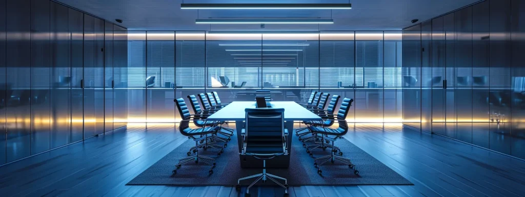 a sleek, modern office workspace is illuminated by ambient lighting, showcasing a polished conference table surrounded by stylish ergonomic chairs, emphasizing collaboration and innovation.