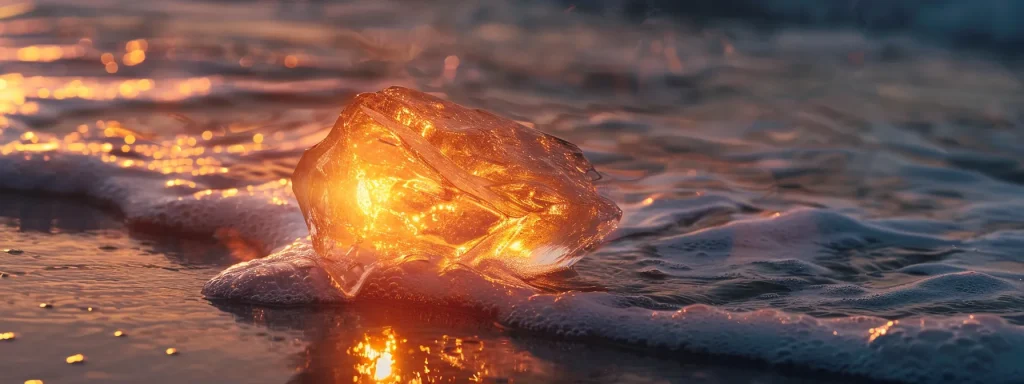 a vibrant sunset bathes a tranquil beach in golden hues, reflecting off the gentle waves that kiss the shore, creating a serene and idyllic atmosphere.