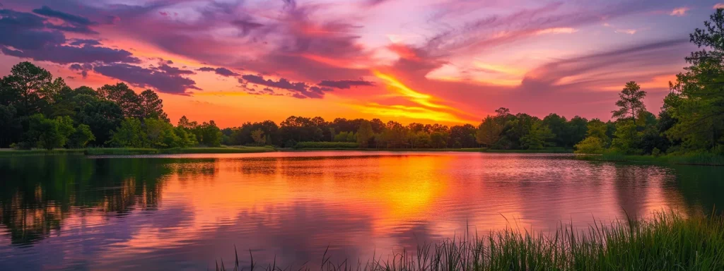 a vibrant sunset casts a warm glow over a tranquil lake, reflecting the fiery hues of orange and purple in the sky amidst lush greenery surrounding the water's edge.