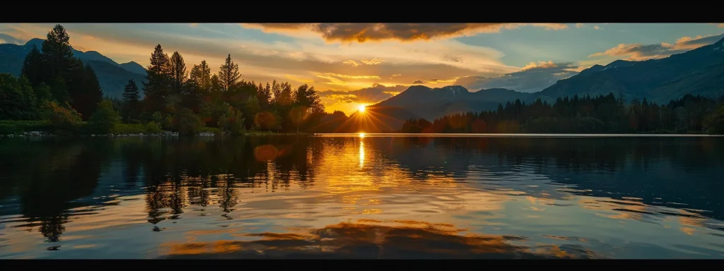 a vibrant sunset casts warm golden hues over a tranquil lake, reflecting the surrounding lush greenery and the silhouette of distant mountains, creating a serene and harmonious atmosphere.