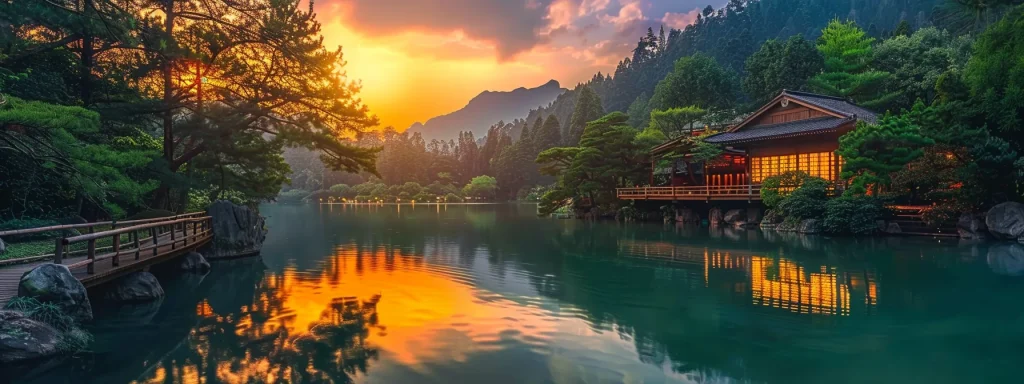 a vibrant sunset illuminates a tranquil lakeside surrounded by towering pine trees, casting rippling reflections on the water's surface.