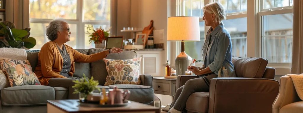 a warm and inviting home care environment features a compassionate caregiver assisting an elderly client with medication management, set against a well-lit, modern living room filled with comforting furnishings.