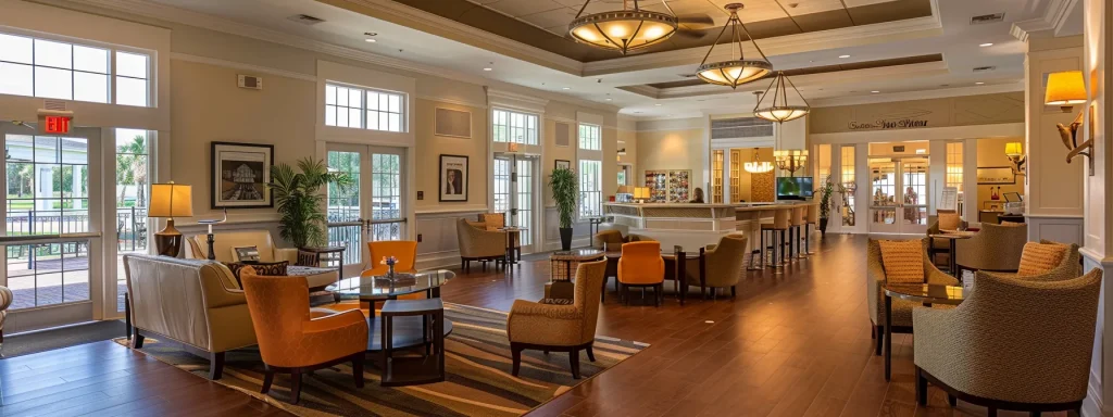 a warm and inviting interior of a personal care home in port saint lucie, adorned with comfortable furniture and soft lighting, showcasing compassionate caregivers attentively assisting elderly residents with daily activities.