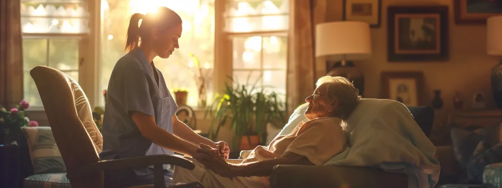 a warmly lit home setting showcases a compassionate caregiver attentively assisting an elderly patient with personal care, surrounded by comforting home furnishings that emphasize a supportive and dignified living environment.