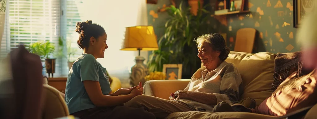 an empathetic home health aide engages warmly with a diverse elderly patient in a cozy, well-appointed living room, surrounded by culturally significant decor that reflects the patient's traditions and values.